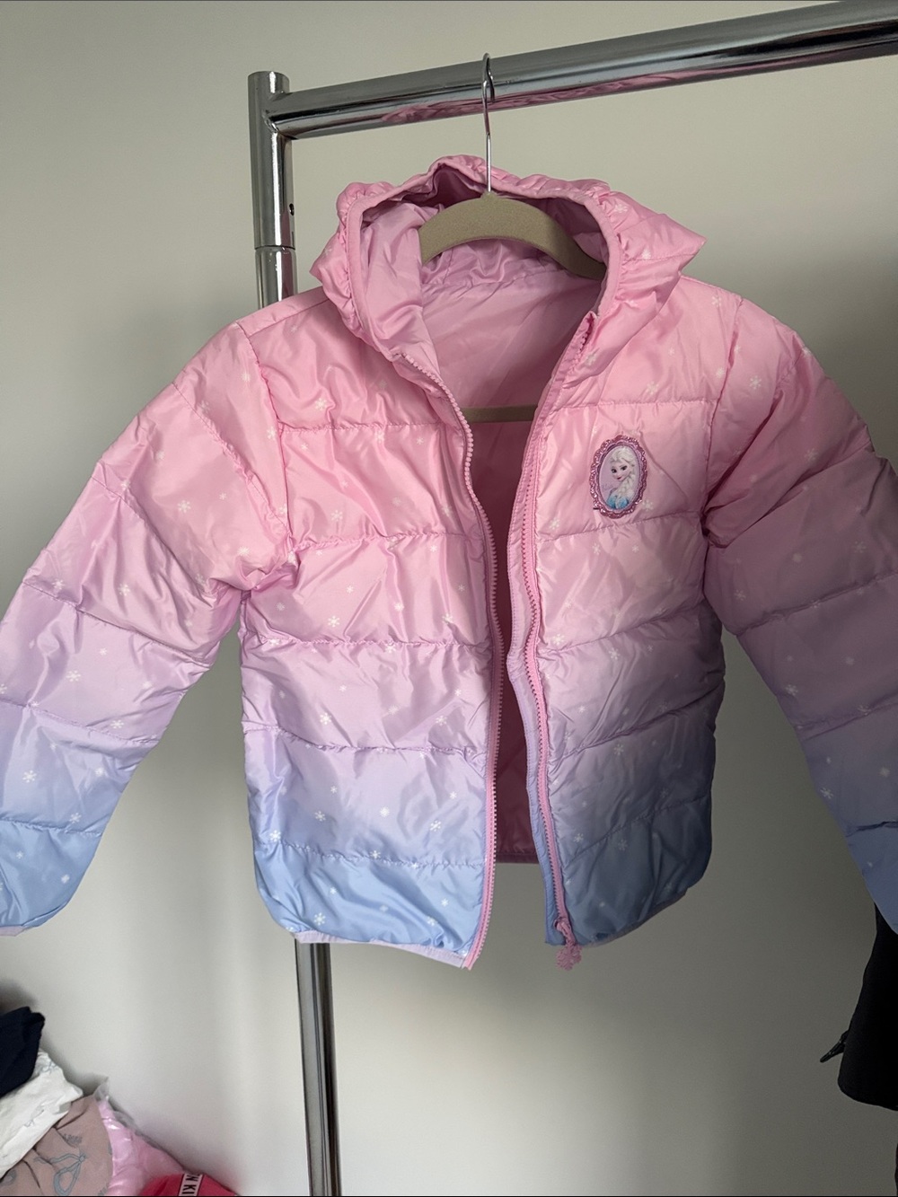 Girls Pink to Blue Ombre Puffer Jacket with Character Patch